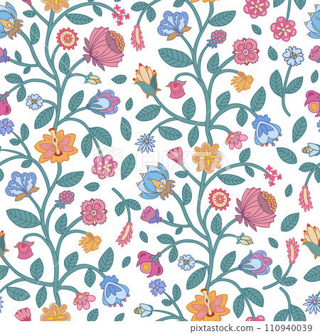 Trailing multicoloured floral seamless pattern on white background. Indian floral style pattern. Trailing multicoloured floral seamless pattern on white background. Indian floral style pattern. 110940039