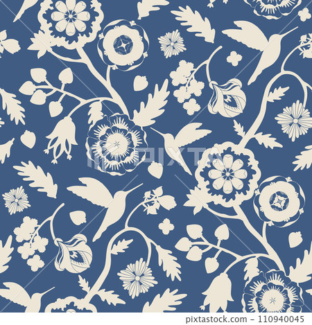 Beige flowers and hummingbirds silhouettes seamless pattern on blue background. Indian floral style pattern Beige flowers and hummingbirds silhouettes seamless pattern on blue background. Indian floral style pattern 110940045