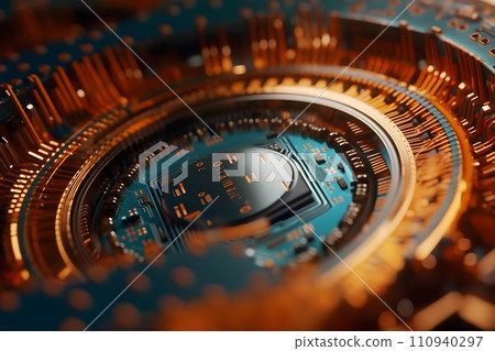 AI-generated content. Close-up view of a modern GPU card with circuit and colorful lights and details. Neural network AI generated art 110940297