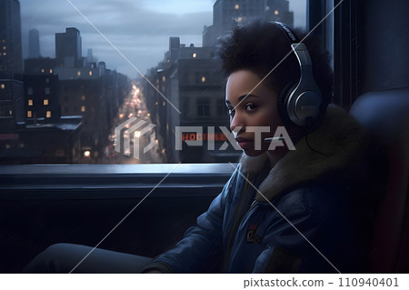 AI-generated content. African girl in headphones at night dreaming near the window. Neural network AI generated art 110940401