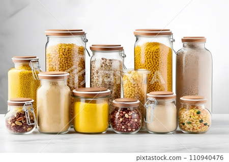 AI-generated content. Assortment of grain products and pasta in glass storage containers. Neural network AI generated art 110940476