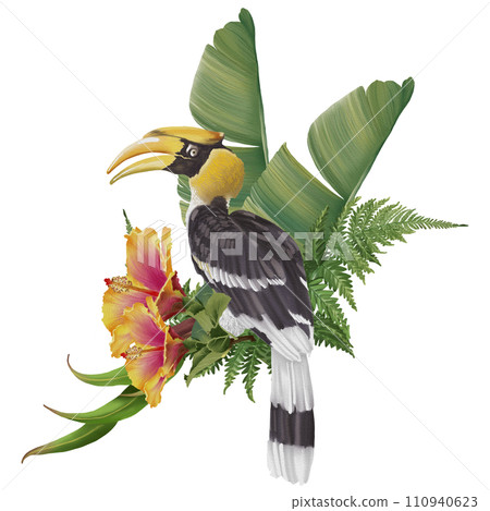 Tropical composition with bird watercolor hand paint 110940623