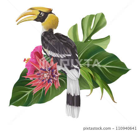 Tropical composition with bird watercolor hand paint 110940641