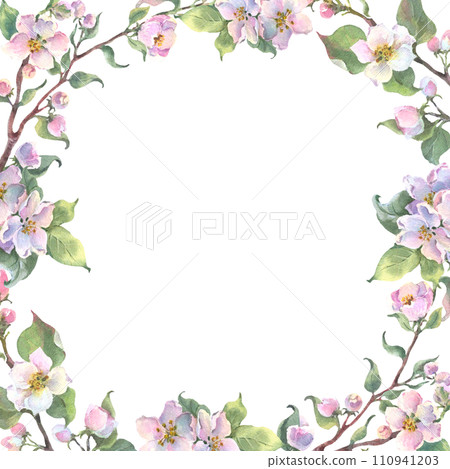 Watercolor square frame apple tree branch and flowers, blooming tree on white background, isolated watercolor illustration. It's perfect for wedding cards, mothers day and valentines card. Watercolor square frame apple tree branch and flowers, blooming tree on white background, isolated watercolor illustration. It's perfect for wedding cards, mothers day and valentines card. 110941203