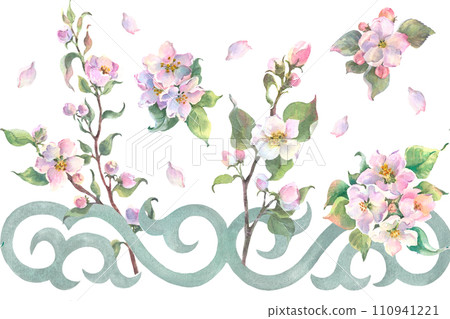 Seamless pattern, bordure. Watercolor apple tree branch and flowers, blooming tree with east ornament on white background, illustration. It's perfect for wedding cards, Nauryz, mothers day. 110941221
