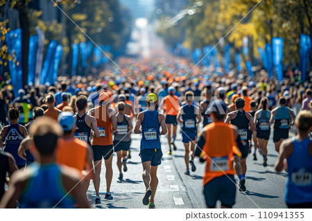 People running marathons as a sport in the city 110941355