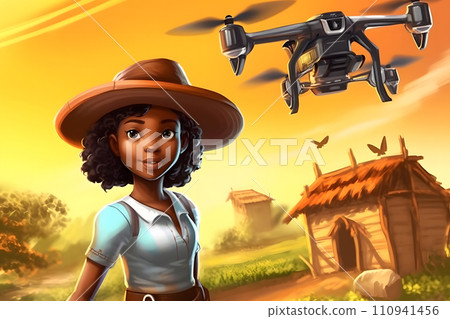 AI-generated content. Woman farmer controls drone with a tablet. Smart farming and precision agriculture. Neural network AI generated art 110941456