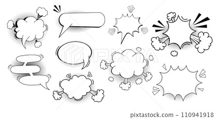 Set pow bubble speech comic expression frame cartoon doodle isolated on white background. Boom explode effect, halftone decoration, Set pow bubble speech comic expression frame cartoon doodle isolated on white background. Boom explode effect, halftone decoration, 110941918