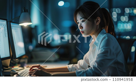 Young woman operating a computer in the office, overtime (AI generated) 110941958
