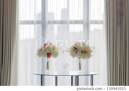 AI-generated content. Beautiful flowers on table in wedding day. Neural network AI generated art 110942025