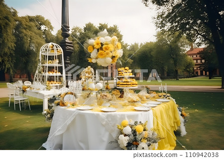 AI-generated content. Beautiful flowers on table in wedding day. Neural network AI generated art 110942038