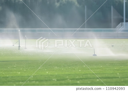 AI-generated content. Automatic Garden Lawn sprinkler in action watering grass. Neural network AI generated art AI-generated content. Automatic Garden Lawn sprinkler in action watering grass. Neural network AI generated art 110942093