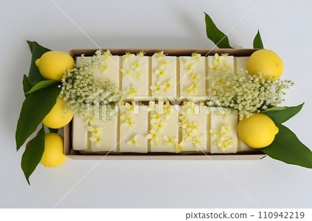 AI-generated content. Lemon cake with coconut flakes. A piece of delicate vanilla dessert with cream. Neural network AI generated art 110942219