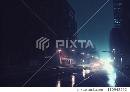 AI-generated content. cyberpunk futuristic city. Dark rainy day with sky scrapers. Neural network AI generated art 110942232