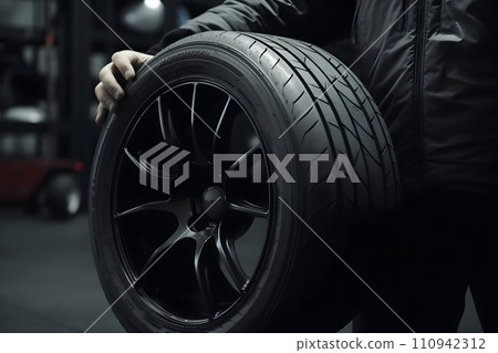 AI-generated content. Car tire service and hands of mechanic holding new tyre. Neural network AI generated art 110942312