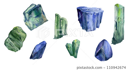 Hand drawn watercolor illustration precious semiprecious jewel gem crystal chakra birth stone. Sapphire emerald. Set of objects isolated on white background. Design poster, shop, jewelry, fashion Hand drawn watercolor illustration precious semiprecious jewel gem crystal chakra birth stone. Sapphire emerald. Set of objects isolated on white background. Design poster, shop, jewelry, fashion 110942674