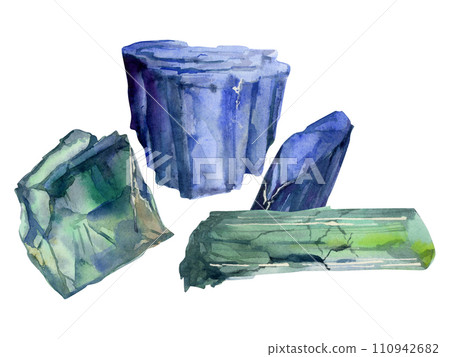 Hand drawn watercolor illustration precious semiprecious jewel gem crystal chakra birth stone. Sapphire emerald tanzanite. Composition isolated on white background. Design print, shop jewelry, fashion 110942682