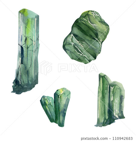 Hand drawn watercolor illustration precious semiprecious jewel gem crystal chakra birth stone. Emerald olivine green. Set of objects isolated on white background. Design print, shop, jewelry, fashion 110942683