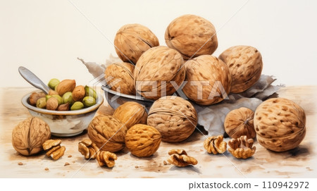 AI-generated content. Rustic still life of dried fruits, roasted almonds in wooden bowl. Neural network AI generated art 110942972