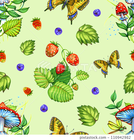 Cozy seamless background with hand-drawn forest plants, mushrooms, leaves, butterflies, berries. Pattern for creating fabrics, wrapping paper, invitations. illustration. Cozy seamless background with hand-drawn forest plants, mushrooms, leaves, butterflies, berries. Pattern for creating fabrics, wrapping paper, invitations. illustration. 110942982