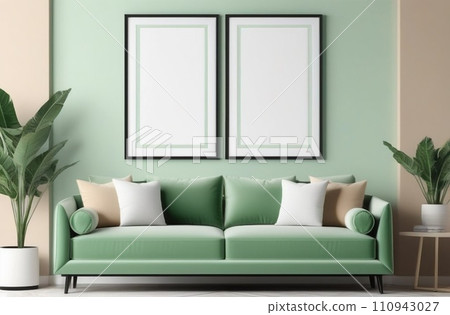 Frames mockup, couch and frames mockup, modern living room photo mockup, picture frame template.Pastel green beige colors 110943027