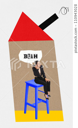 Modern aesthetic artwork. Young lady in smart casual outfit sitting on huge stool and talking on the phone with speech, bubble text blah. 110943028