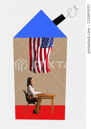 Contemporary art collage. Confident lady dressed office attire sitting at table at election precinct. United States Flag. 110943051