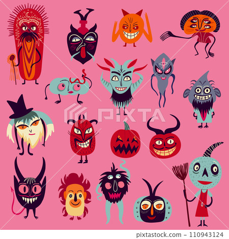 Vibrant Strange ugly Halloween characters. Cute bizarre comic characters in modern flat hand drawn style 110943124