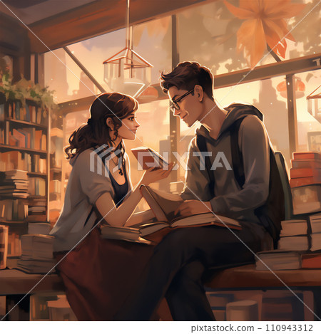 AI-generated content. Beautiful and artistic digital painting of couple reading books in a cozy bookstore 110943312
