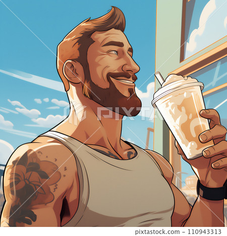 AI-generated content. Man is holding a clear cup with a straw, filled with a frothy, iced drink 110943313
