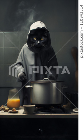 AI-generated content. Black cat cooking in kitchen with various pots and pans 110943314