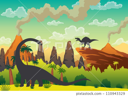 Prehistoric landscape - volcano with smoke, mountains, dinosaurs and green vegetation. Vector illustration of beautiful prehistoric landscape and dinosaurs 110943329