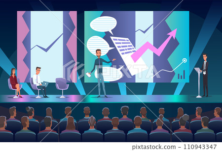 Business seminar speaker doing presentation and professional training about marketing, sales and e-commerce. Flat vector illustration of presentation conference and motivation for business audience 110943347