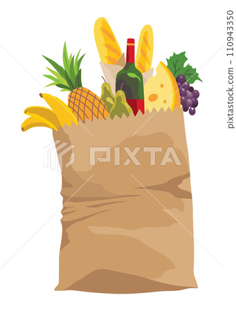 Paper shopping bag products grocery. Different food and beverage products, grocery shopping. Grocery supermarket. Fresh organic food and drinks. Grocery delivery concept 110943350