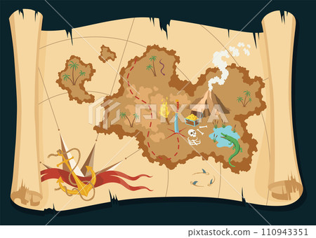 Old treasure or pirate map. Vintage grunge adventure, treasure research game. Worn parchment with land and wind rose. Hand drawn vector illustration Old treasure or pirate map. Vintage grunge adventure, treasure research game. Worn parchment with land and wind rose. Hand drawn vector illustration 110943351