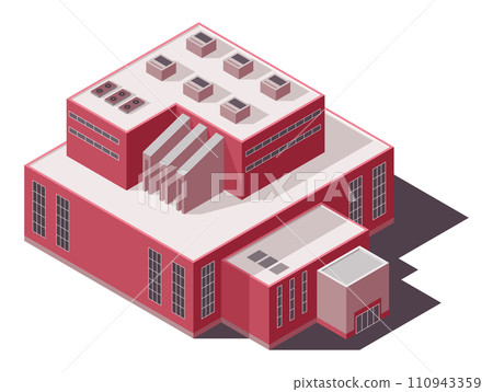 Factory isometric. Industrial bulding. Concept of industrial plant with chimney tower. 3d isolated icon. Architecture of manufacture house. Vector cartoon illustration 110943359