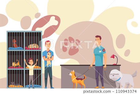 Animal shelter homeless pets, adoption banner layout. Finding new house for pet and homeless domestic animals care. Colorful vector illustration in flat cartoon style Animal shelter homeless pets, adoption banner layout. Finding new house for pet and homeless domestic animals care. Colorful vector illustration in flat cartoon style 110943374