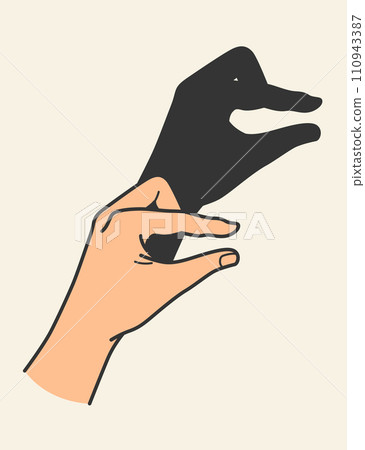 Hands gesture shadow. Gaming animal puppet from hand. Light shade imagination ingenious. Hand play theatrical puppet. Vector cartoon illustration Hands gesture shadow. Gaming animal puppet from hand. Light shade imagination ingenious. Hand play theatrical puppet. Vector cartoon illustration 110943387