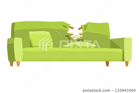 Broken sofa icon. Torn old couche for living room isolated on white background. Damaged indoor old furniture messy seat of sofa. Vector interior object in cartoon style 110943404