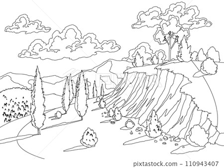 Summer landscape with hills, sky, meadow and mountains in coloring style. Cartoon countryside vector wallpaper in minimal style design Summer landscape with hills, sky, meadow and mountains in coloring style. Cartoon countryside vector wallpaper in minimal style design 110943407