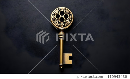 The image of a gold key is often associated with wealth, power, and access. The floral design on the key could be seen as a symbol of beauty, nature, or fertility. 110943486