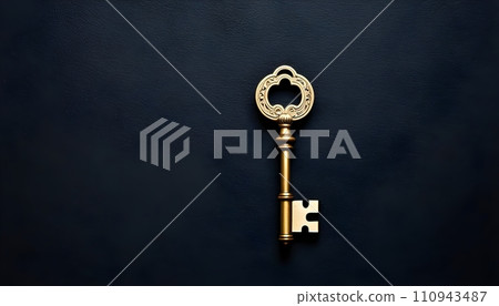 The image of a gold key is often associated with wealth, power, and access. The floral design on the key could be seen as a symbol of beauty, nature, or fertility. 110943487