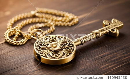 The image of a gold key is often associated with wealth, power, and access. The floral design on the key could be seen as a symbol of beauty, nature, or fertility. 110943488