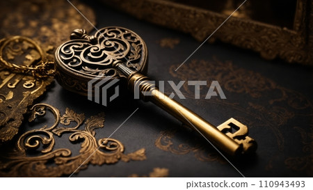 The image of a gold key is often associated with wealth, power, and access. The floral design on the key could be seen as a symbol of beauty, nature, or fertility. 110943493