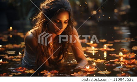 AI-generated content. Young beautiful Indian woman holding a lit candle for Indian Festival Diwali. Neural network AI generated art 110943522