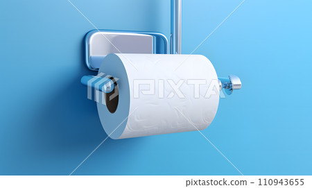AI-generated content. A white roll of soft toilet paper neatly hanging on a modern chrome holder on a light blue bathroom wall. Neural network AI generated art 110943655