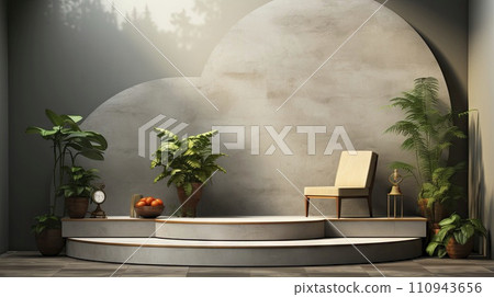 AI-generated content. Stone podium for display product. Background for cosmetic product branding, identity and packaging. 110943656