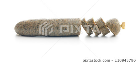 White pudding sausage. Pork product isolated on white background. White pudding sausage. Pork product isolated on white background. 110943790