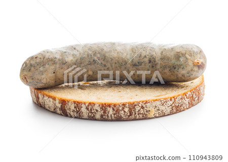 White pudding sausage. Pork product and bread isolated on white background. 110943809