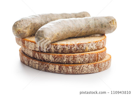 White pudding sausage. Pork product and bread isolated on white background. 110943810